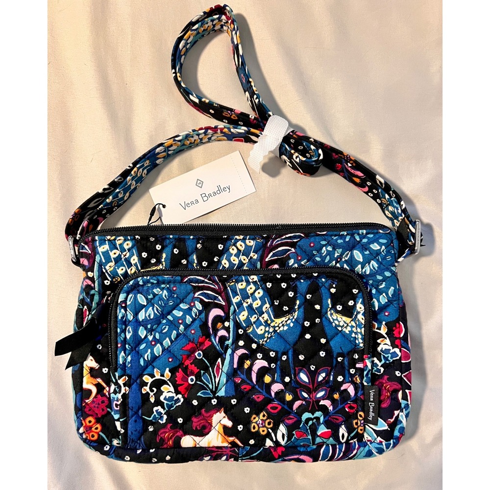 Vera Bradley NWT Floral Quilted Crossbody Shoulder Bag Petite‎ Purse Black Blue